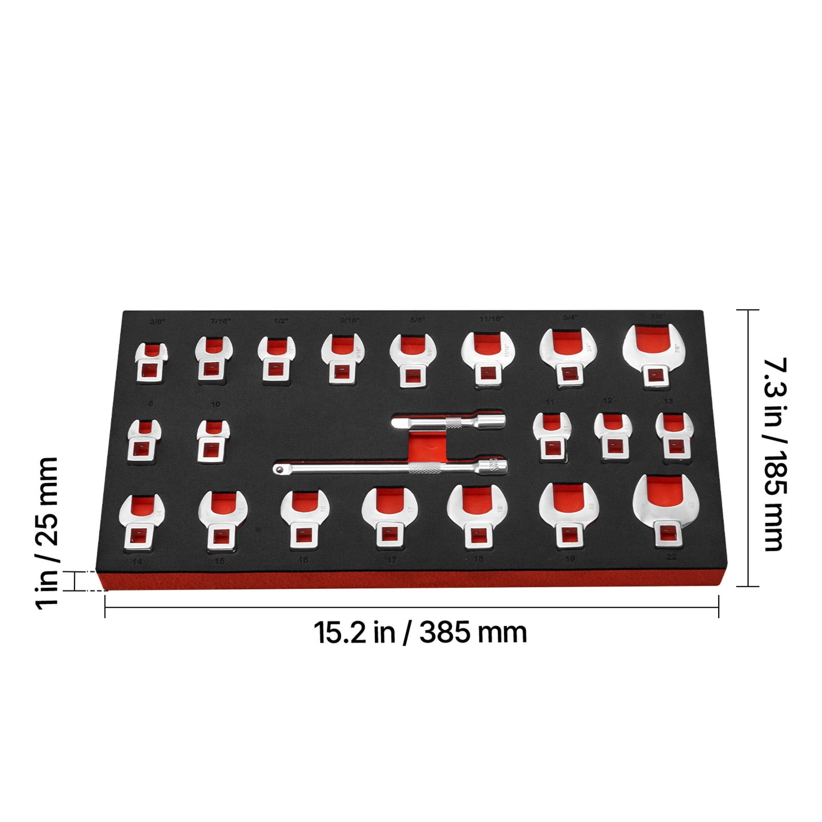 KFFKFF 22-Piece Crowfoot Wrench Set, 3/8" Drive, Metric and SAE Sizes, Cr-Mo Alloy Steel, Includes Storage Tray, Dual Markings on Tools and Tray, Ideal for Automotive Maintenance and Repairs