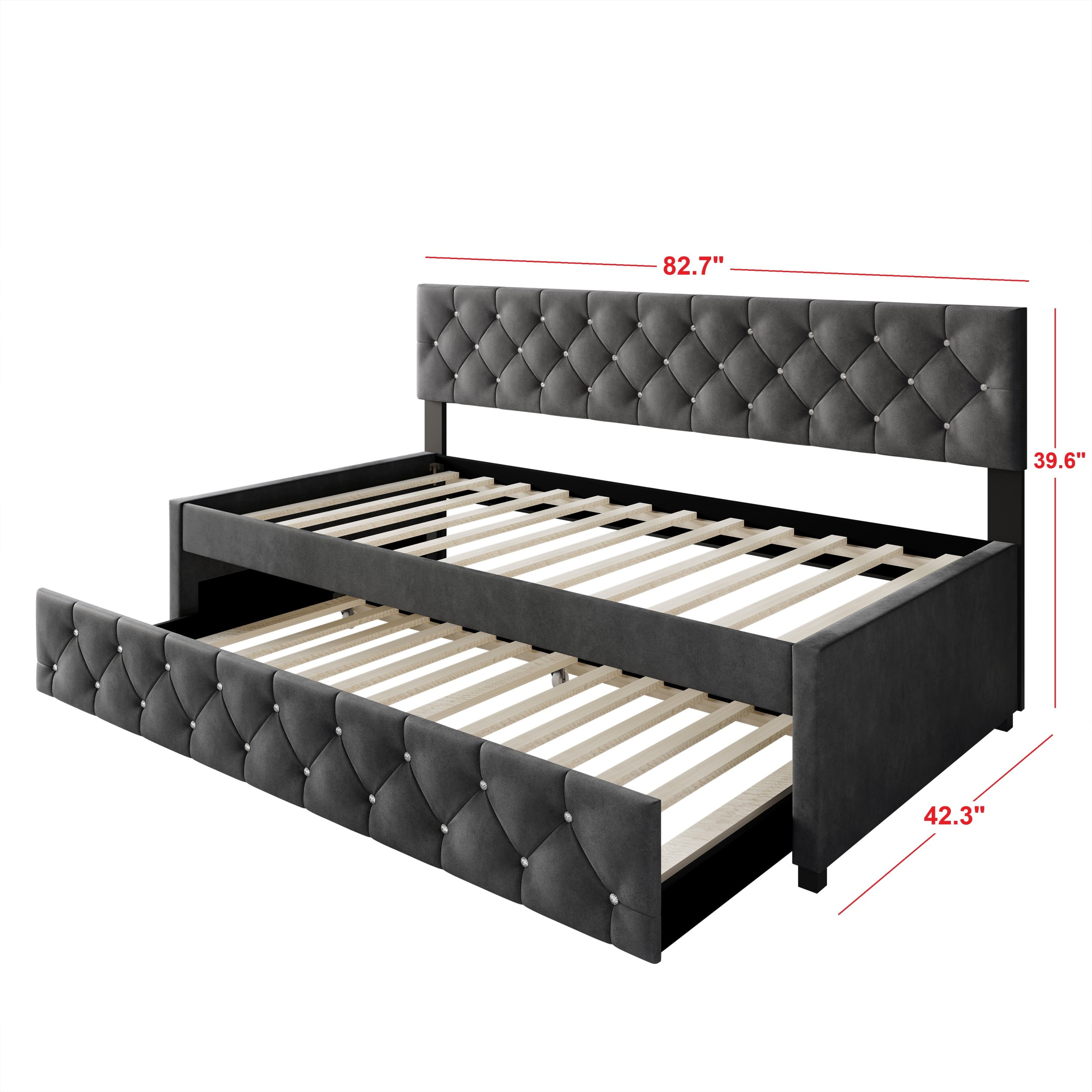 Home Design Darcey Luxurious Velvet Upholstered Daybed with Pull-Out Trundle, Diamond Button Tufted, Dark Gray, Easy Assembly