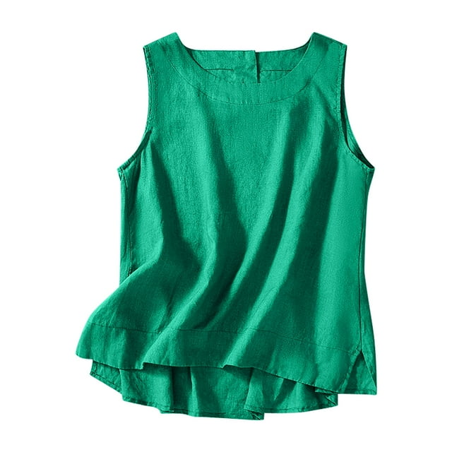 Lenpel Débardeurs pour Femmes Été Col Rond Quart de Bouton Sans Manches T-Shirts en Coton et Lin Décontractés Amples Blouses