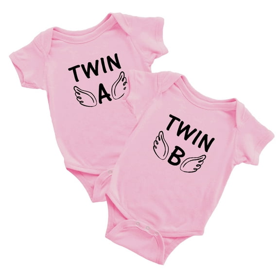 Twin A & Twin B White Baby Short Sleeve Twin Baby Bodysuit (Pink, 3-6M)