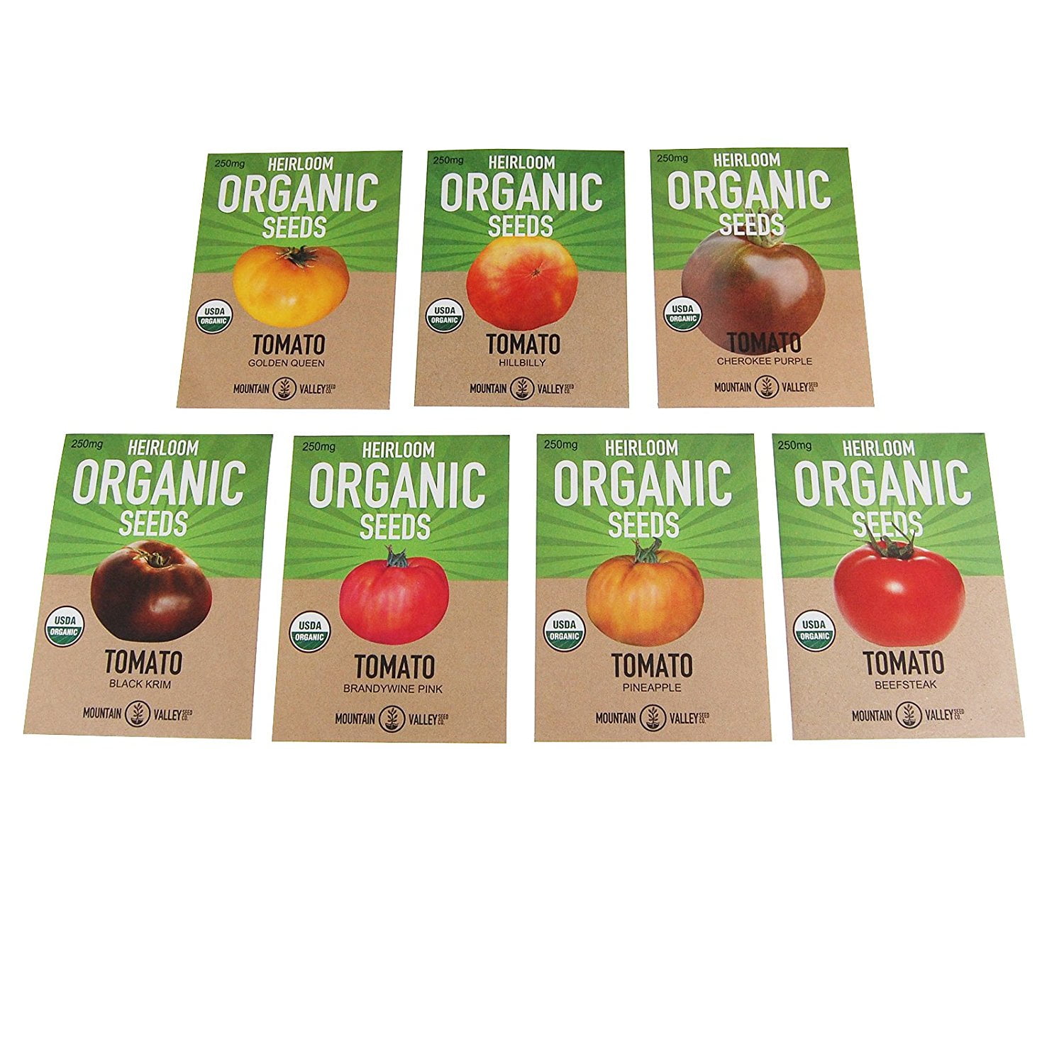 Organic Heirloom Slicing Tomato Garden Seeds - 7 Non-GMO Varieties:  Pineapple, Hillbilly, Black Krim, Beefsteak, Brandywine Pink, Cherokee  Purple Tomato & Golden Queen 