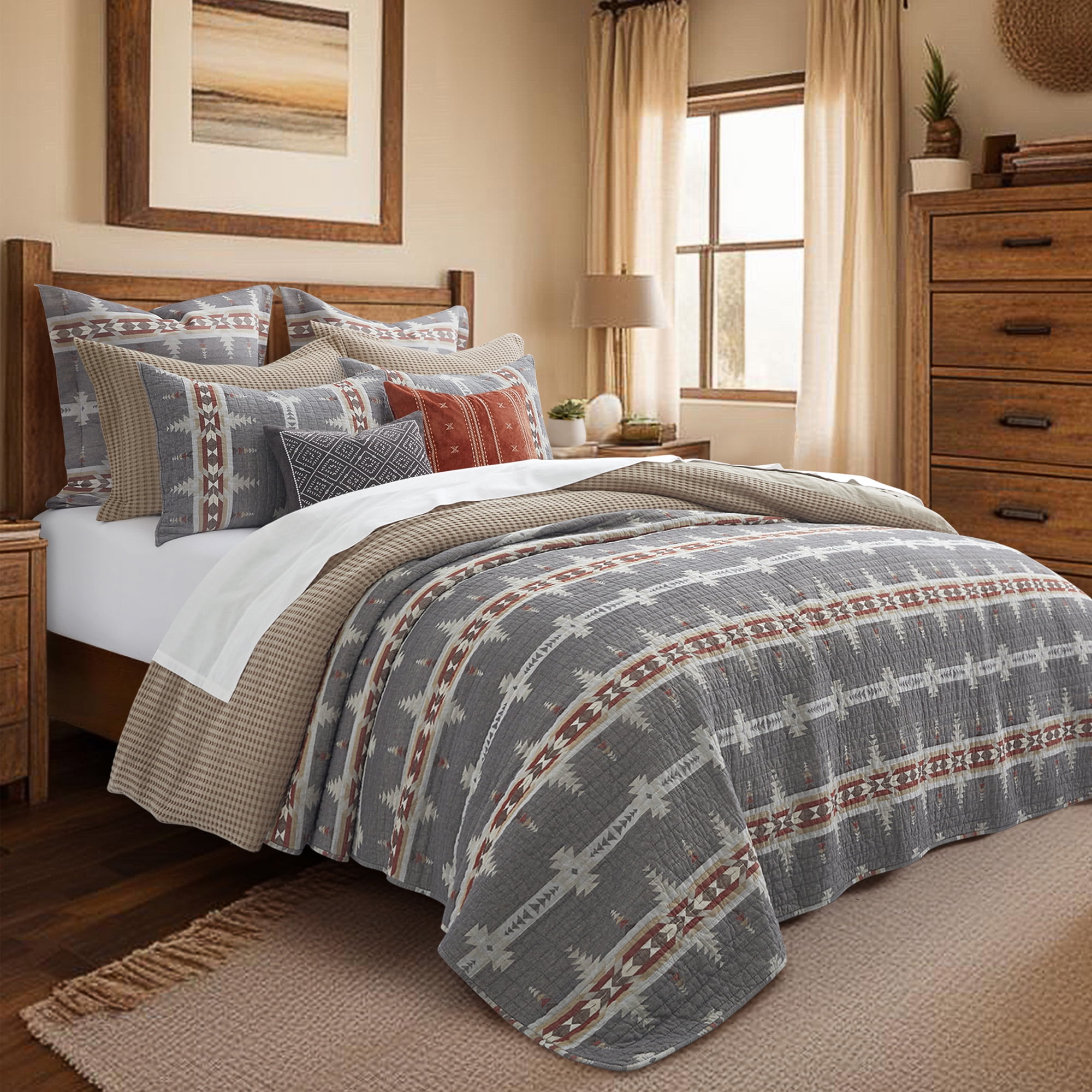 Levtex Home - Corrales Quilt Set - Full/Queen Quilt and Two Standard Shams - Tribal - Grey, Burgundy, Cream and Taupe - Quilt (88x92in.) and Shams (20x26in.) - Reversible - Cotton