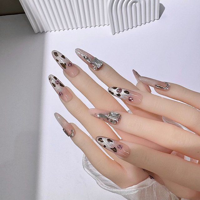 Armadura hecha a mano con estampado de leopardo, estilo Spice Girl, diseño de uñas francesas con forma de ojo de gato, productos terminados de armadura blanca extraíble