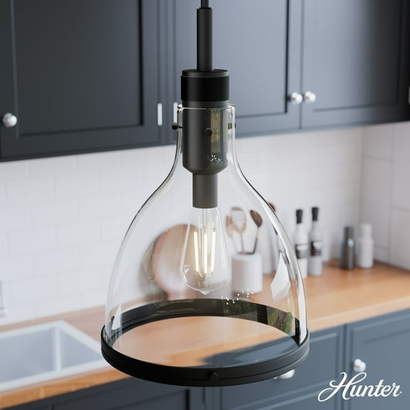 Hunter - Van Nuys 1-light Matte Black, Large Pendant Light, Dimmable, Transitional Style, Bell Shaped, for Bedrooms, Dining, Living Rooms - 48042
