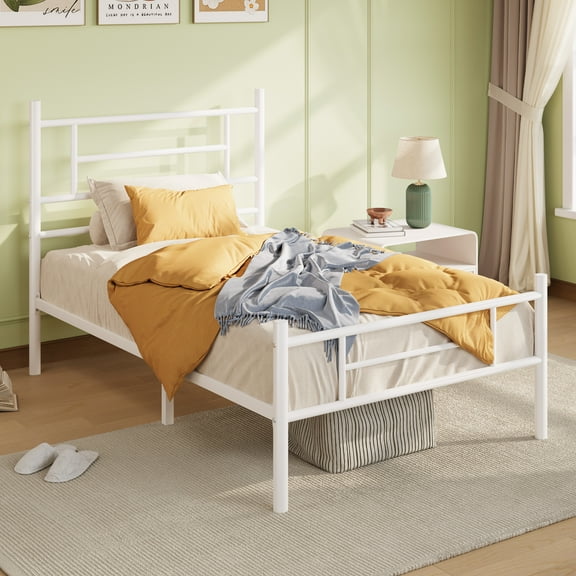 Amolife Twin Size Metal Platform Bed Frame with Headboard and Footboard, 12.5'' Underbed Storage, Adult, White