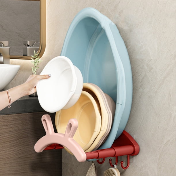 Estante telescópico de pared para baño, organizador de plástico ajustable de 21,5x19x10cm, instalación sin taladro, diseño de gancho múltiple para cocina y baño, azul