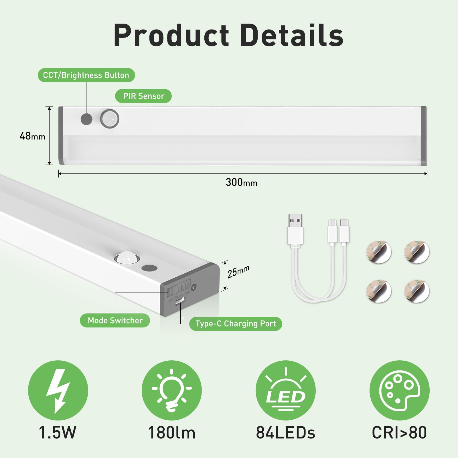 ALUSSO 30cm LED Cabinet Lighting with Motion Sensor, 3000/4000/6500K 3CCT&Dimmable, USB Rechargeable Night Light for Stairs, Bedroom, Kitchen, 2 Pack