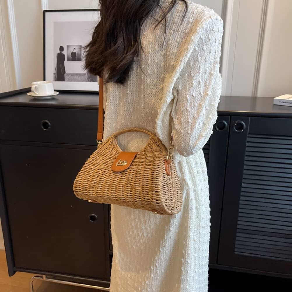 CHUNTIAN Straw Crossbody Bag for Women Woven Beach Tote Purse Mini Straw Shoulder Handbag Rattan Top-Handle Bag for Vacation