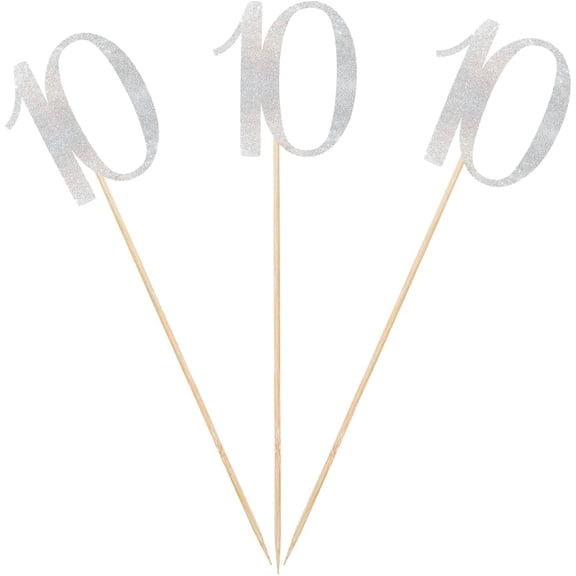 Silver Glitter 10th Birthday Centerpiece Sticks, 12-Pack Number 10 Table Topper Anniversary Party Decorations