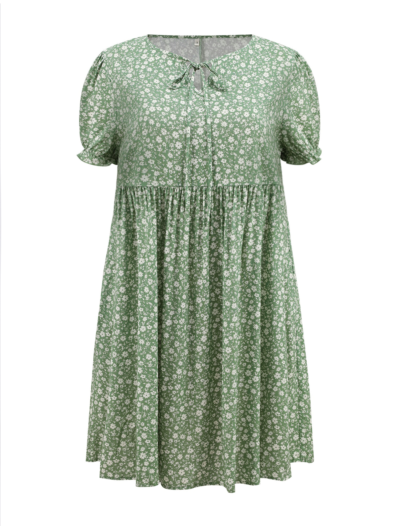 DARING DIVA Plus Size Tie Neck Short Sleeves Floral A-Line Dress 1X Light Green