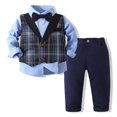 thumbnail image 2 of KYAIGUO 9M-5T Boys Gentleman Dress Shirt Set 4-Piece Suit Set with Bow-Tie Dress Shirt,Plaid Vest, Pants Formal Overalls Outfits Set, 2 of 9
