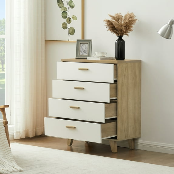 Dresser for Bedroom, Wood 4 Drawer Chest, Modern Filing Storage Cabinet for Makeup, Bedroom Furniture Wood Storage Dresser Cabinet with Wood Legs, Modern Tall Dressers for Home, Office, White