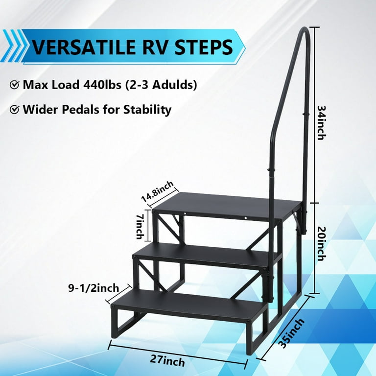 3 Step RV Stairs, Hot Tub Steps, Outdoor Spa Step Ladder with  Handrail,Portable Economy 5th Wheel Stair for Travel Trailer, Motor Home,  Camper and