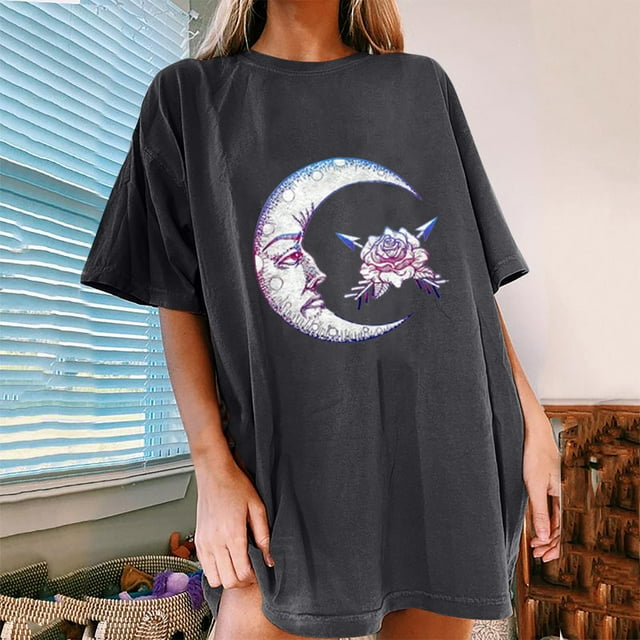 Pntutb Blusa de manga corta informal con estampado de sol y luna vintage para mujer Pntutb Pntutb-3488