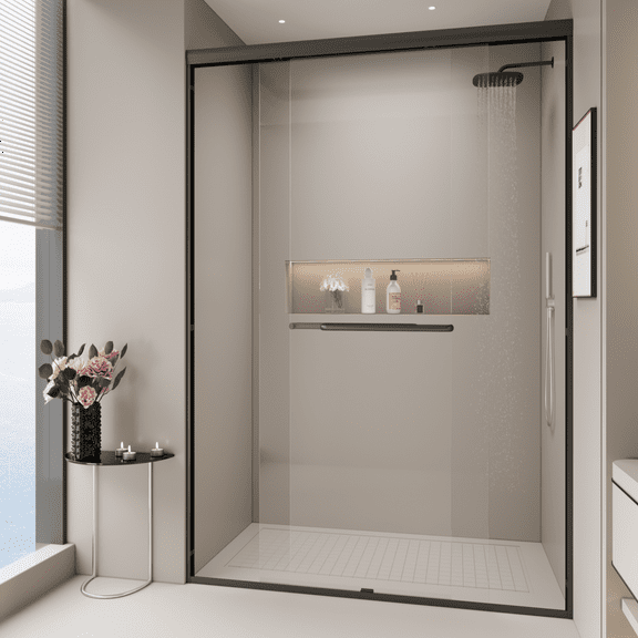 44-48"W x 72"H Double Sliding Shower Door,Semi-frameless Bypass Bathroom Sliding Door w/1/4"(6mm) Tempered Glass for Walk-in Shower,Matte Black 24D03-48MBX
