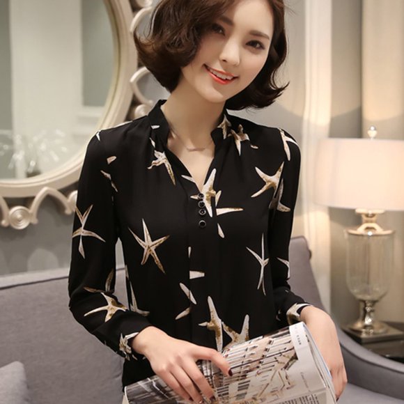 Automne Femmes Mode Coréenne Manches Longues Slim Chemise Décontractée Tout-Match Étoile de Mer Imprimé V-Cou Chemise en Mousseline de Soie