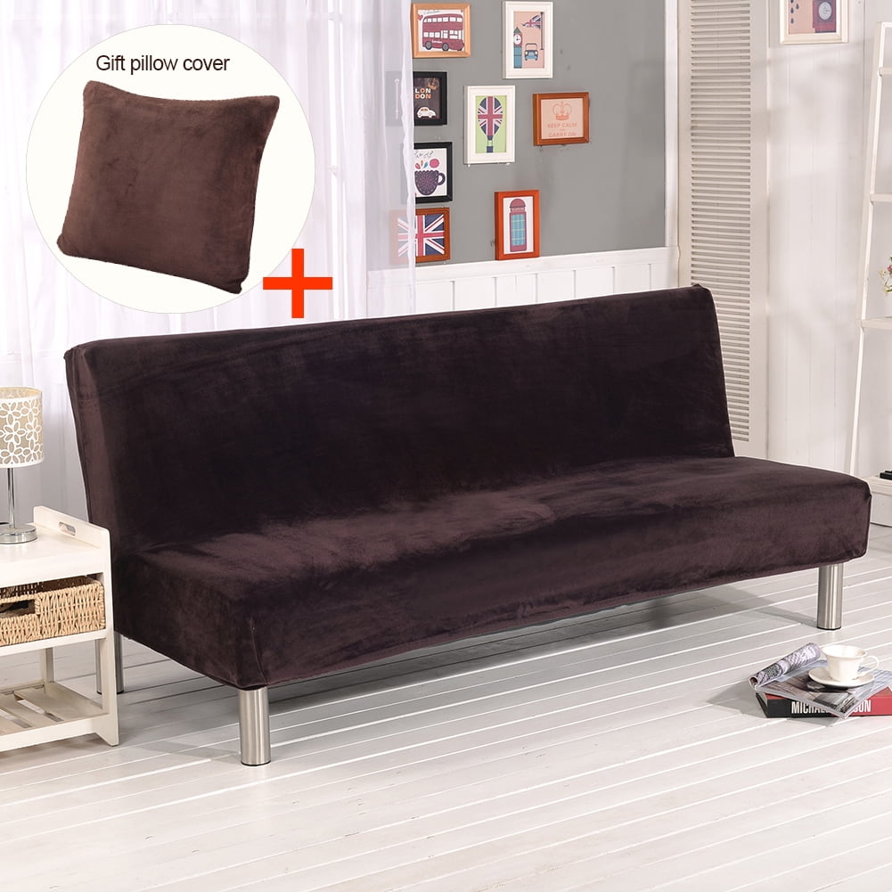Topchancess Armless Sofa Slipcover Stretch Sofa Bed Cover Protector Elastic Spandex Modern Simple Folding Couch Sofa Shield Futon Cover Brown with Pillowcase (18'x18”)