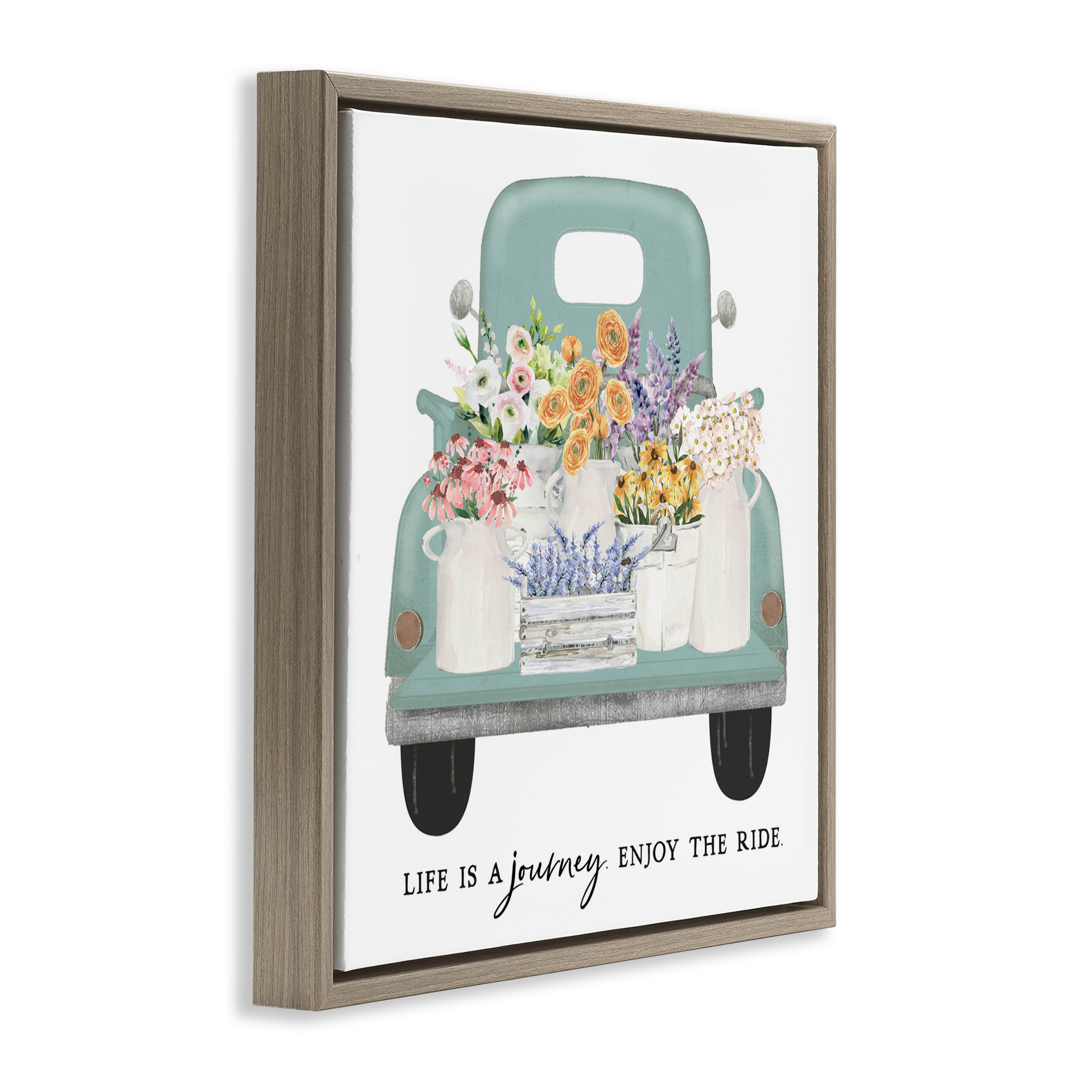 Enjoy Ride Floral Truck Brown Framed Floater Canvas Wall Art, design by Lettered and Lined