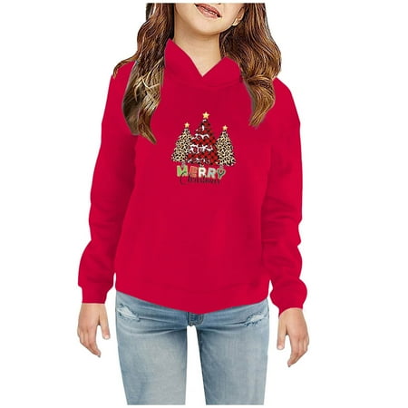 Toonshare Black**Friday Deals 50% off Clear Long Sleeve Shirts for Girls 4T Girls Shirts Long Sleeve Savings Fleece Christmas Tree Leopard Print Sweatshirt for Hooded Sweatshirt for Babies Red