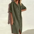 thumbnail image 2 of Jinhomg Womens Button Down Shirt Dresses Lightweight Comfy Cotton Linen Dress Casual Loose Solid Short Sleeve Vacation Dresses Green S, 2 of 7