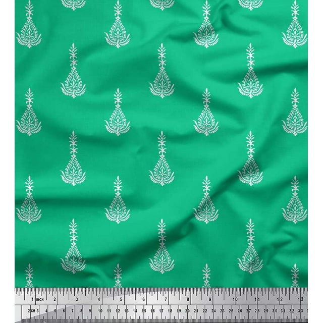 Soimoi Rayon Fabric Leaves & Floral Block Printed Fabric 1 Yard 56 Inch Wide
