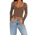 thumbnail image 1 of Fortune Women Mesh Long Sleeve Tops Deep V Neck Shirt Tee Basic Slim Fitted Crop Top, 1 of 5