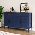 thumbnail image 3 of ZOSQUARE Modern 58" Sideboard Cabinet with 4 Slatted Doors and 2 Drawers, Blue Storage Cabinet with Gold Handles, Credenza Entryway Accent Table for Living Room, 3 of 6