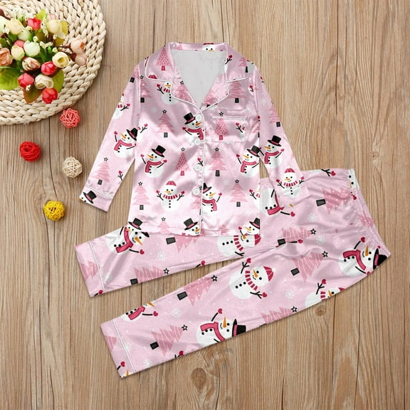 Kids Valentines Easter Pajamas Girl Boy Cute Satin Pajama Set Silk Pjs Long Sleeve Sleepwear 2 Pc Button Down Pjs Soft Top Pants Summer Fall Baby Clothes New Year Birthday Carnival Pink,110=3-4Y