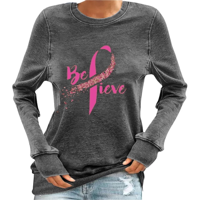 Staron Chandails à Manches Longues pour Femmes Sensibilisation au Cancer du Sein Chic Décontracté Chandail à Enfiler Col Rond Mode d'Automne Tunique Ruban Rose Hauts Coupe Ample T-Shirts Cadeaux pour Maman pour Noël