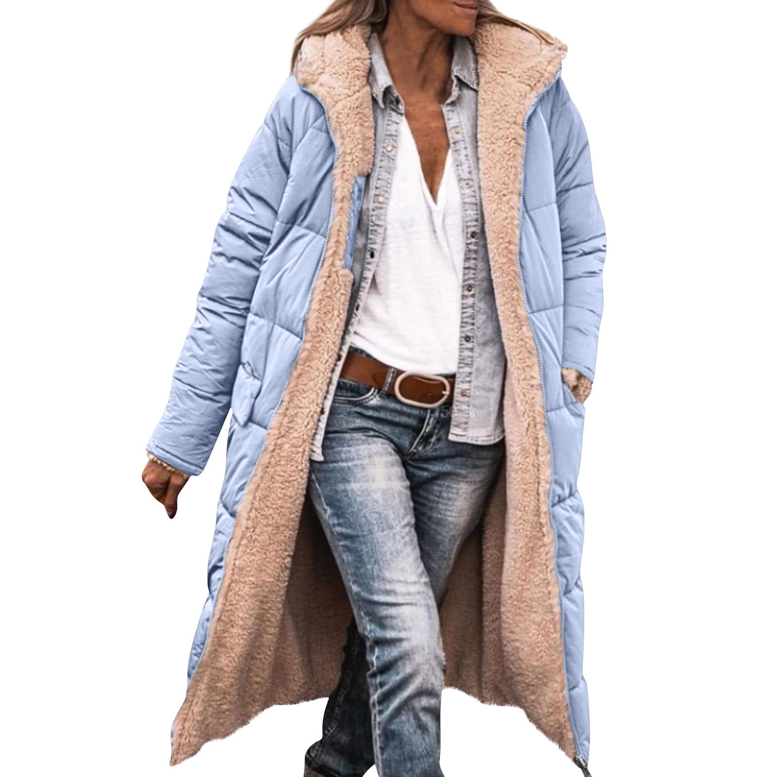 Fleece Jacket Women Long Puffer Coat Women Oversized Reversible Jackets Shearling Hooded Winter Fashion Coat Clothes Light Blue M