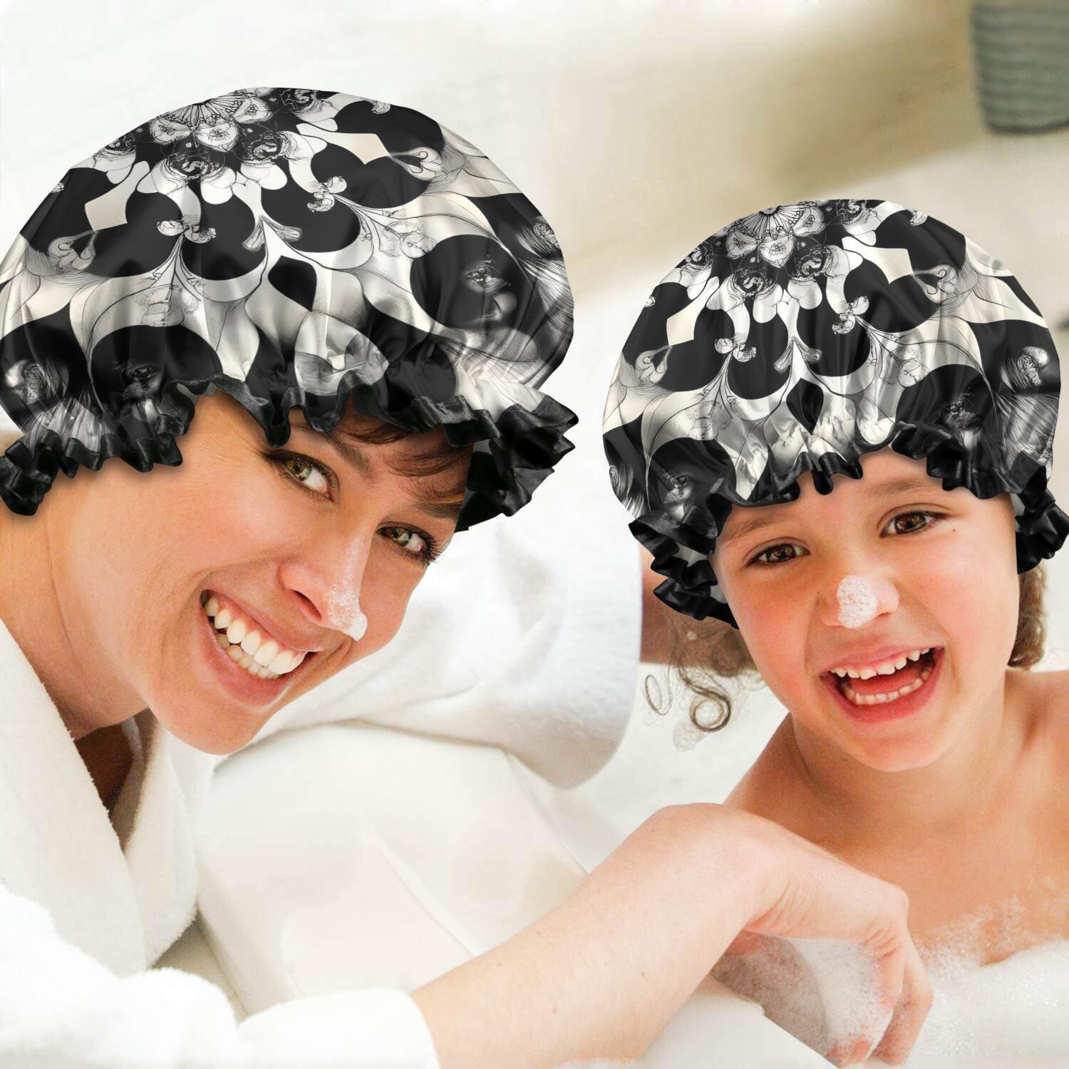 Shower Caps,Black White Tie Dye Mandala Pattern Waterproof Shower Cap for Women 4 Pieces,Double Reusable Hair Cover for Shower PEVA Elastic Stretch Hem