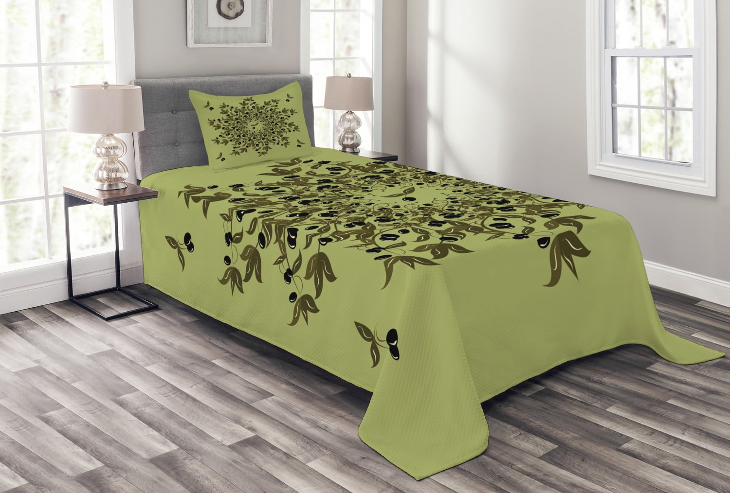 Details about   Camouflage Quilted Bedspread & Pillow Shams Set Green Forest Motif Print 