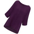 thumbnail image 4 of T-Shirt Femme Couleur Unie Décontracté Haut Court Fille Col Rond Manches Blouse en Lin, Violet, P, 4 of 7