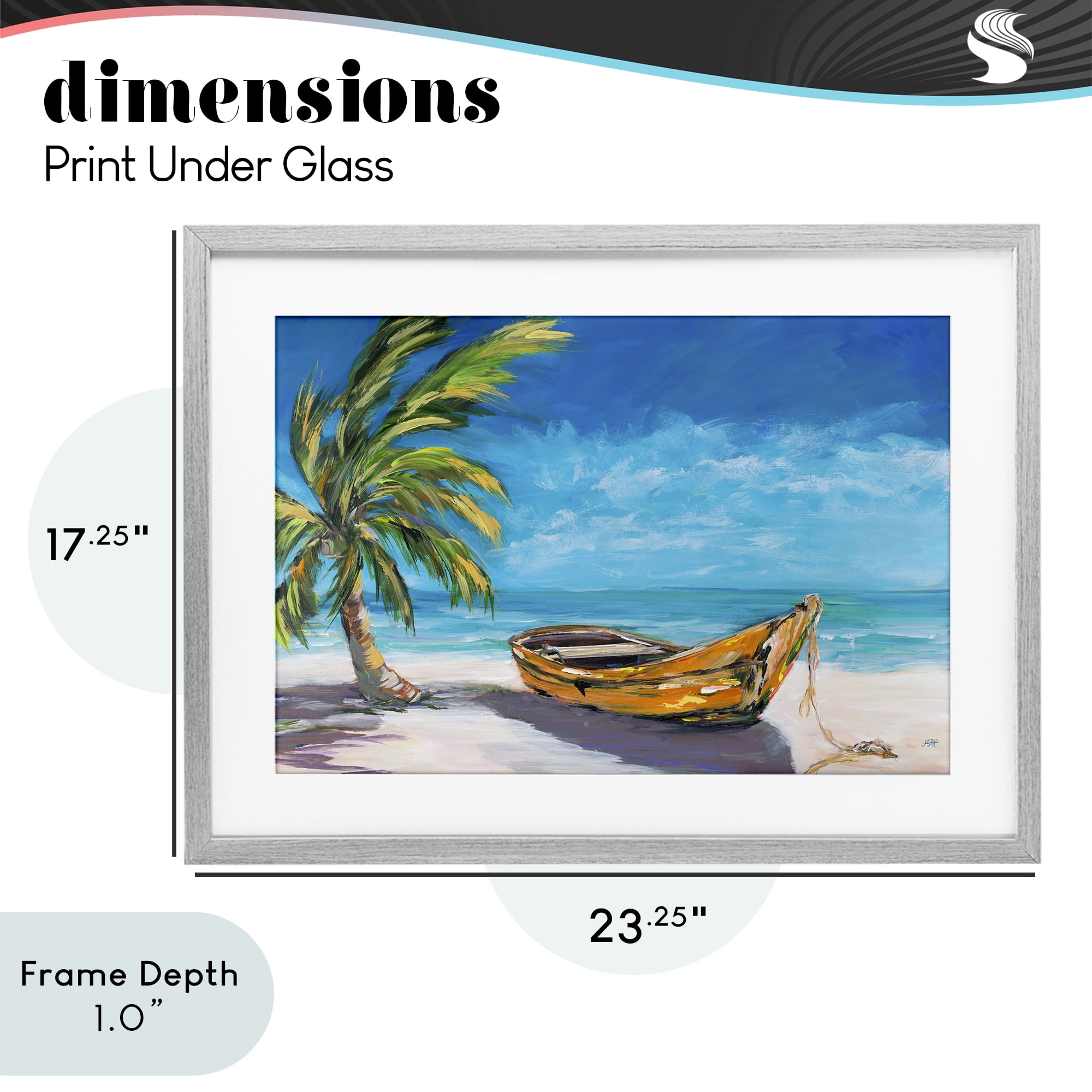 Stupell Industries Lost Island Palm & Boat Gray Framed Print Under Glass, design by Julie DeRice