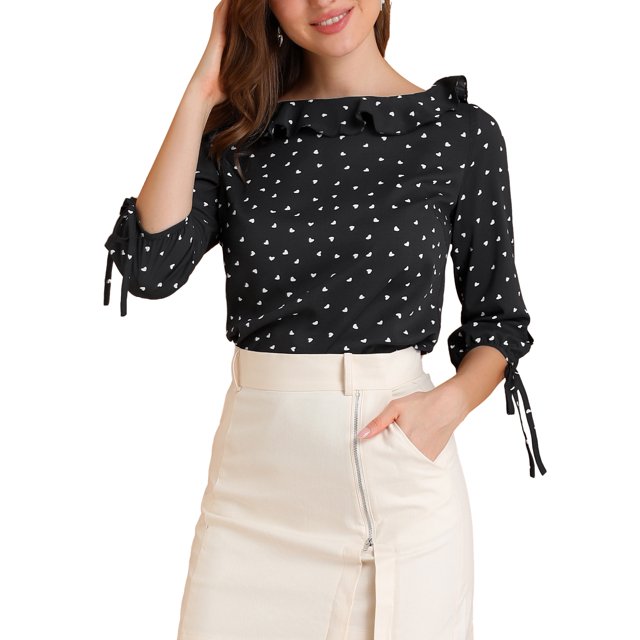 Unique Bargains Women's Ruffled Neck Half Sleeve Sheer Summer Polka Dots Blouse Tops
