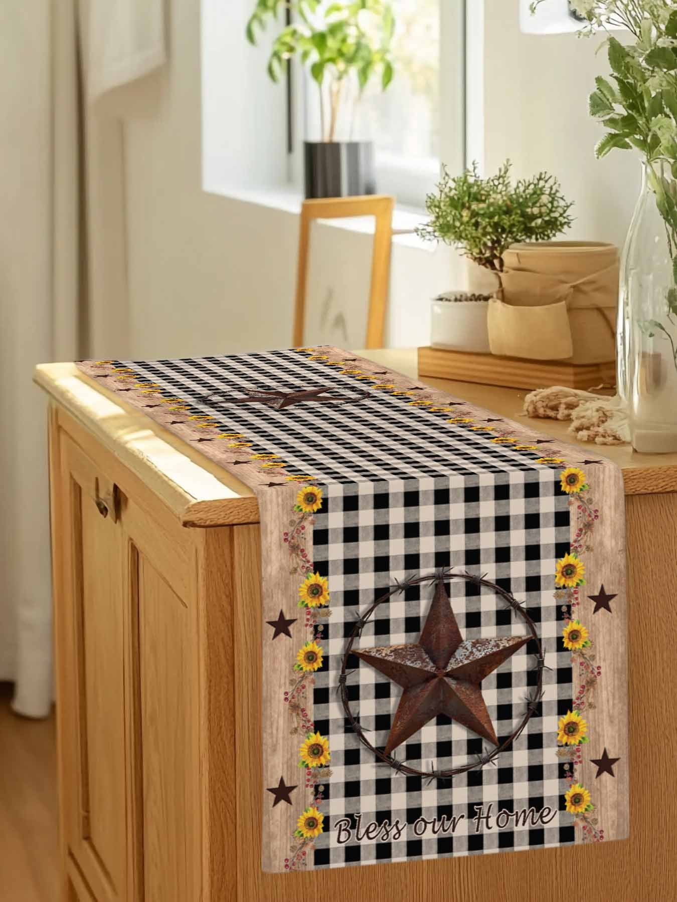 Farm Star Sunflower Wood Grain Table Runner 90 Inches Long, Black Buffalo Plaid Table Runners Tabletop Scarf Kitchen Dining Tables Decoration for Home Party Indoor Outdoor