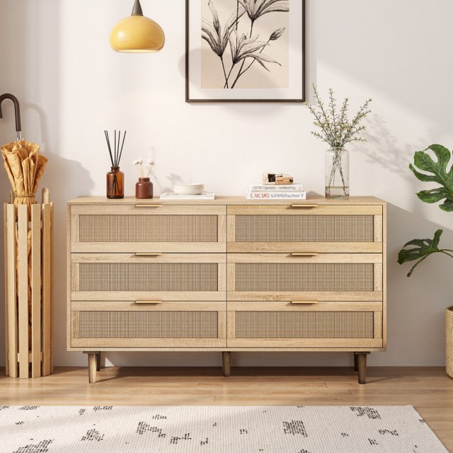 Storage Cabinet with Drawers, Natural Rattan-Style MDF Cabinet for Living Room Bedroom Entryway