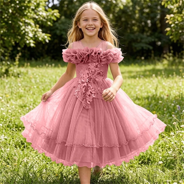 Sgfcwsx Girls Formal Dress Off Shoulder Ruffle Tulle Ball Gown Lace Appliques Floor Length Wedding Flower Girl Birthday Dresses Pink Size 10-11 Years