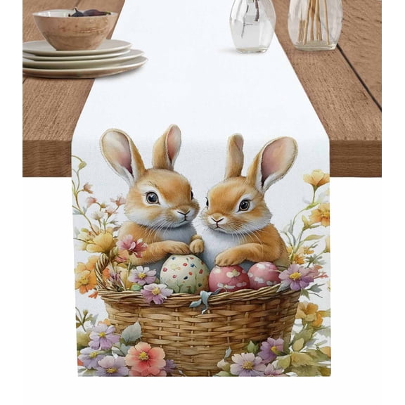 Spring Easter Table Runner 48 Inches, Basket Eggs Bunny Botanical Floral Bed Runner Dresser Scarves Tabletop for Indoor Outdoor Parties/Ceremony/Banquet, 13" x 48"