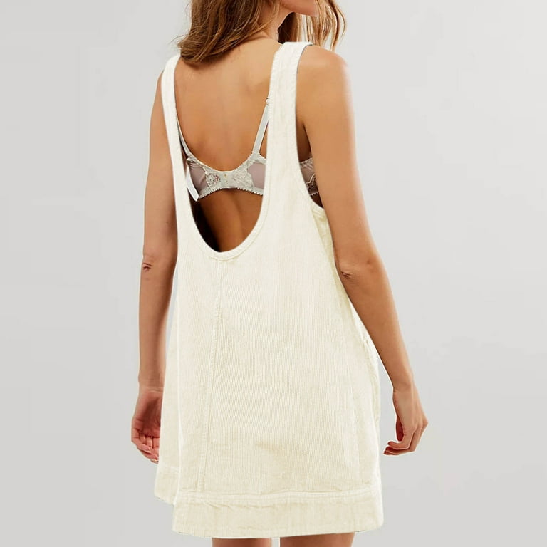 STETMN Women Round Neck Corduroy Overall Dresses Casual Sleeveless Pinafore  Dress Mini Jumper Dress - Walmart.com