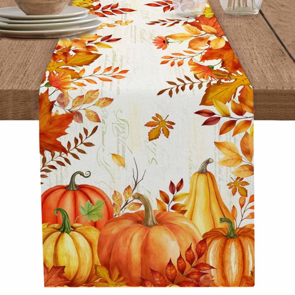 nqOlkjepod Orange Pumpkins Fall Table Runner 120 Inches Long Farmhouse Dress Scarves, Thanksgiving Botanical Maple Leaves Falling Dining Tablerunner for Coffee Table/Kitchen Island/Party, 13"x120"
