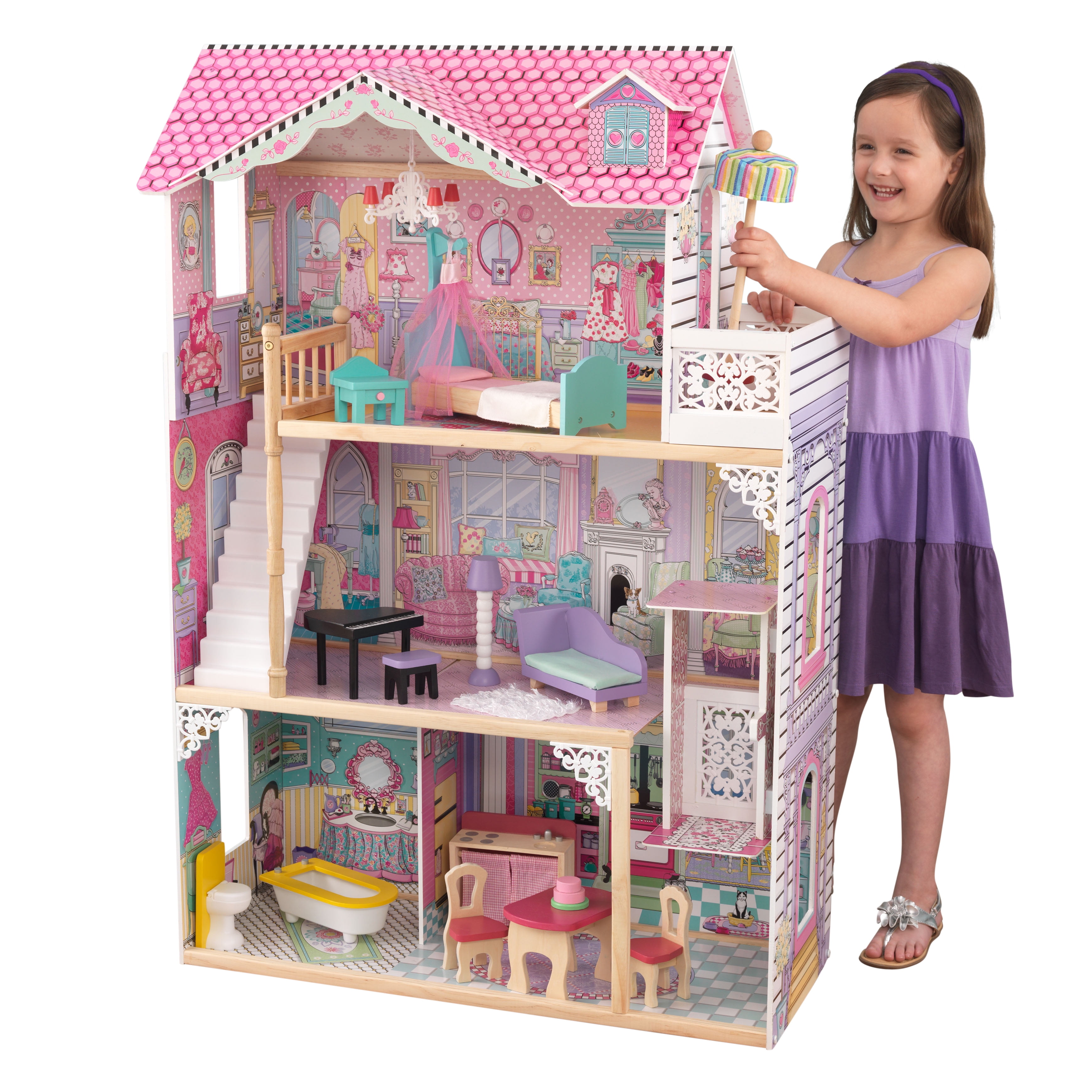 KidKraft Annabelle Large Wooden Play Dollhouse w/ 17 Furniture Accessories Pink 