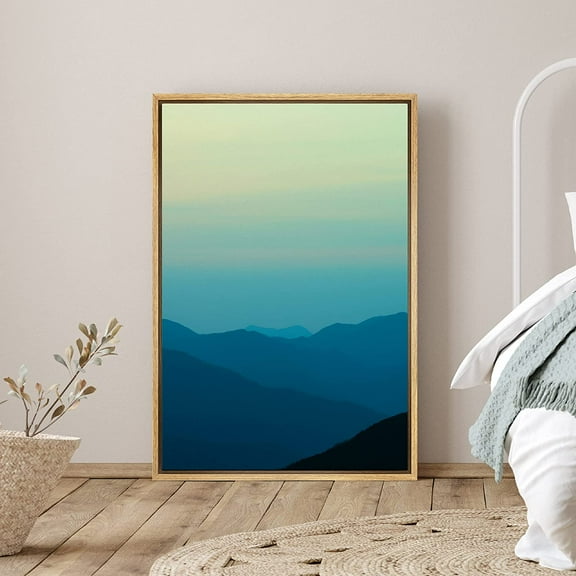 PixonSign Framed Canvas Print Wall Art Light Blue Mountain Silhouette Nature Wilderness Illustrations Modern Art Rustic Relax/Calm Multicolor Ultra for Living Room, Bedroom, Office - 24"x36" Natural