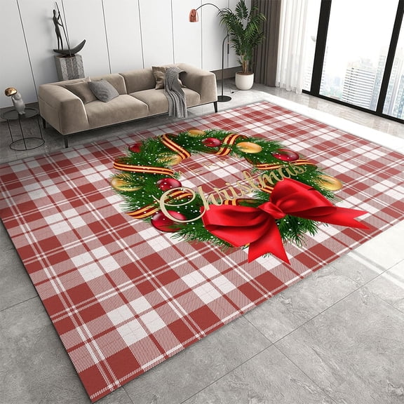 Area Rugs 2'x3', Christmas Plaid Rug, Christmas Wreath Ribbons with Colored Xmas Balls Festive Atmosphere Decor Bedroom Rugs, With Non Slip Backing Washable Area Rugs for Living Room Decor