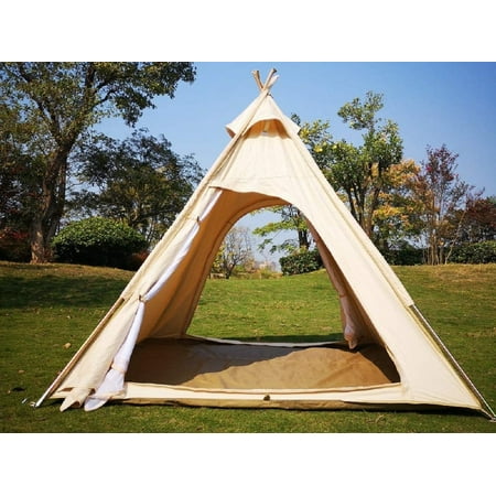 7’x7’x6.5’Outdoor Cotton Canvas 2-3 Person Bell Teepee Tent with Double Door Pyramid Tents for Family Camping