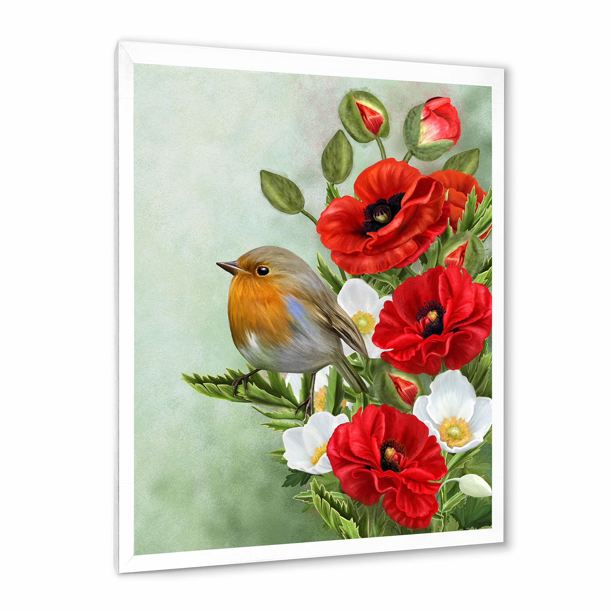 Designart 'Red Poppies and White Anemones With Yellow Bird' Traditional Framed Art Print