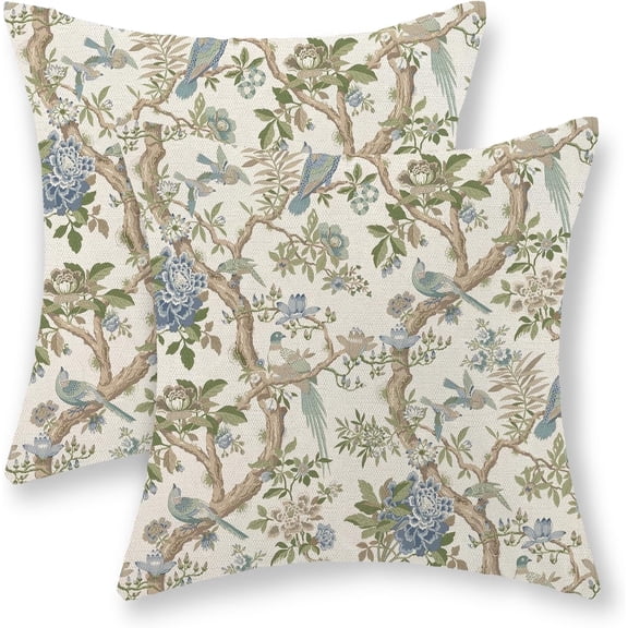 MORAVE 18x18 Inch Chinoiserie Pillow Covers, Set of 2 vintage blue-green bird floral linen cushion cases, classic oriental style decor for couch and home
