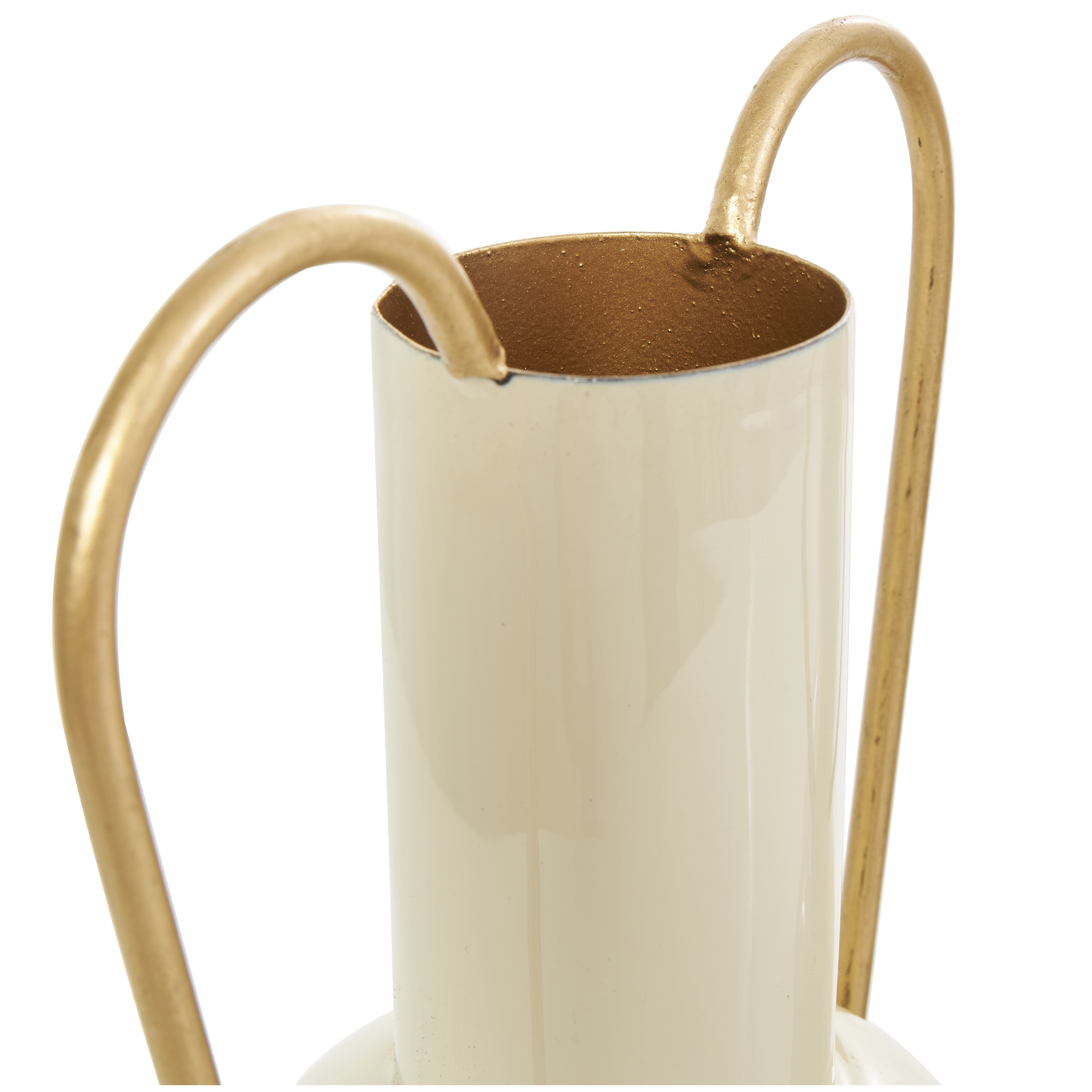 CosmoLiving by Cosmopolitan 11", 12", 12"H Abstract Cream Metal Vase with Varying Shapes and Geometric Gold Handles, Set of 3