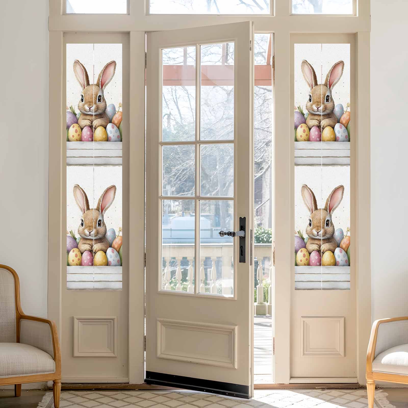 Easter Bunny Window Privacy Film, Cartoon Rabbit Purple Yellow Eggs Tulip Floral Leaf Frosted Glass Window Clings Static Cling UV Heat Blocking Reusable Door Sticker for Bedroom 23.6x78.7 Inch