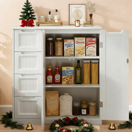 Pantry Storage Cabinet, Lofka Kitchen Cabinet with Adjustable Shelves, 4 Drawers & Cabinet Doors, White